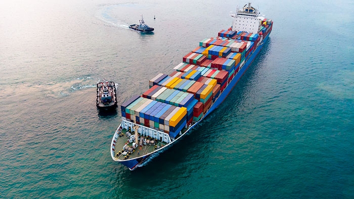 A container ship on sea.