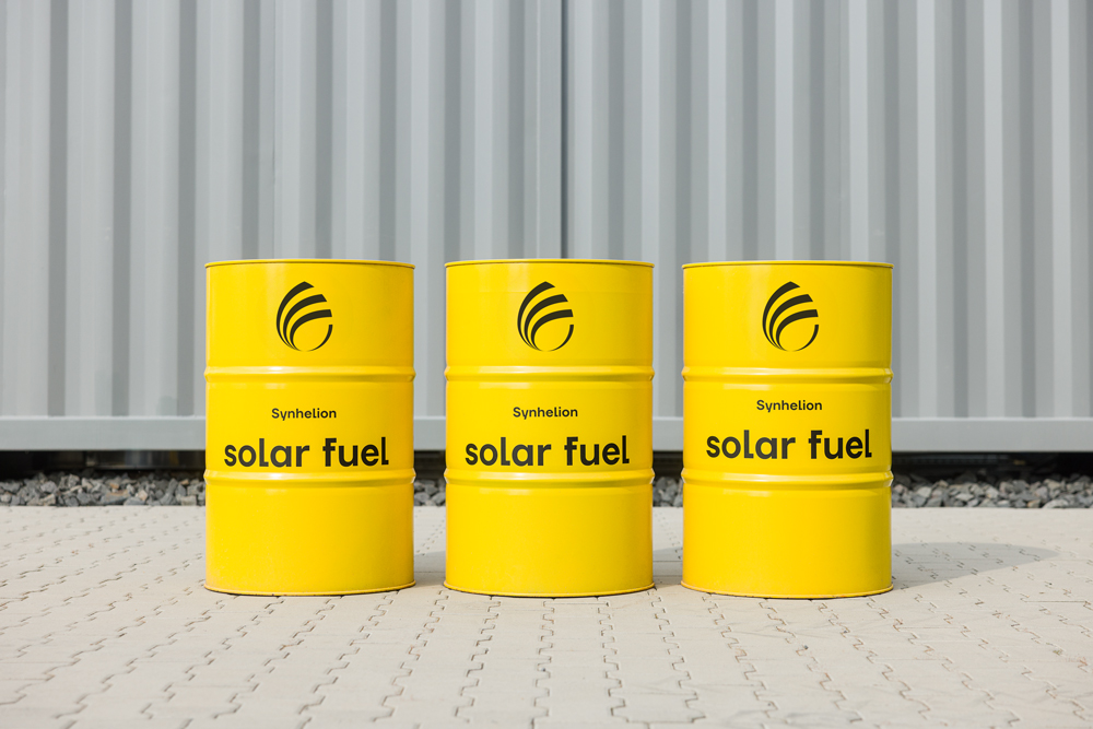 Three solar fuel barrels of Synhelion at plant DAWN in Jülich, Germany.