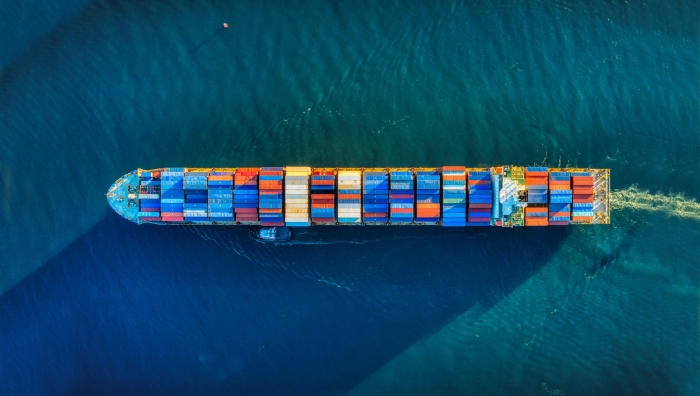A cargo ship on sea.
